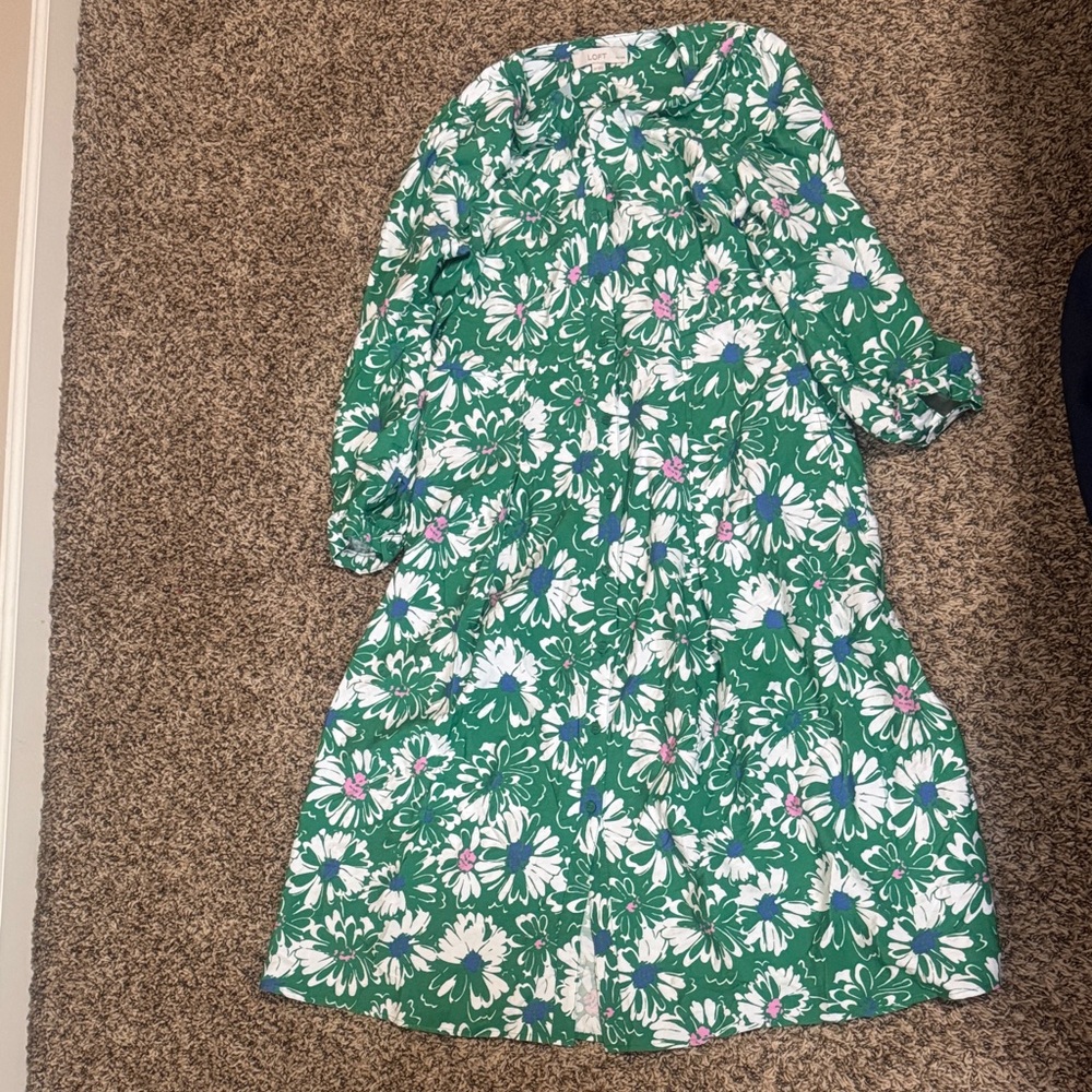 LOFT Green Floral Dress with White and Pink Accents
